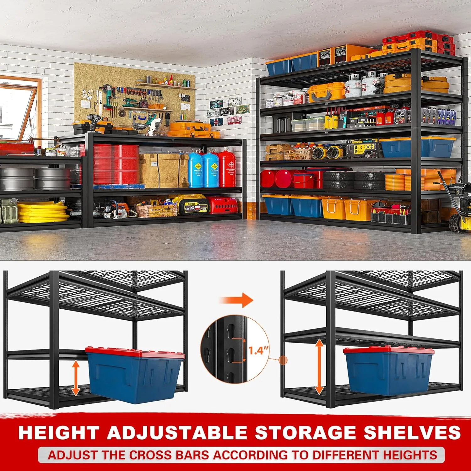 REIBII 3500LBS Garage Shelving, Adjustable Garage Shelving Heavy Duty, 6 Tier Storage Shelves, Metal Shelves for Warehouse, Basement, Industrial, 55" W x26 D x84 H, Black