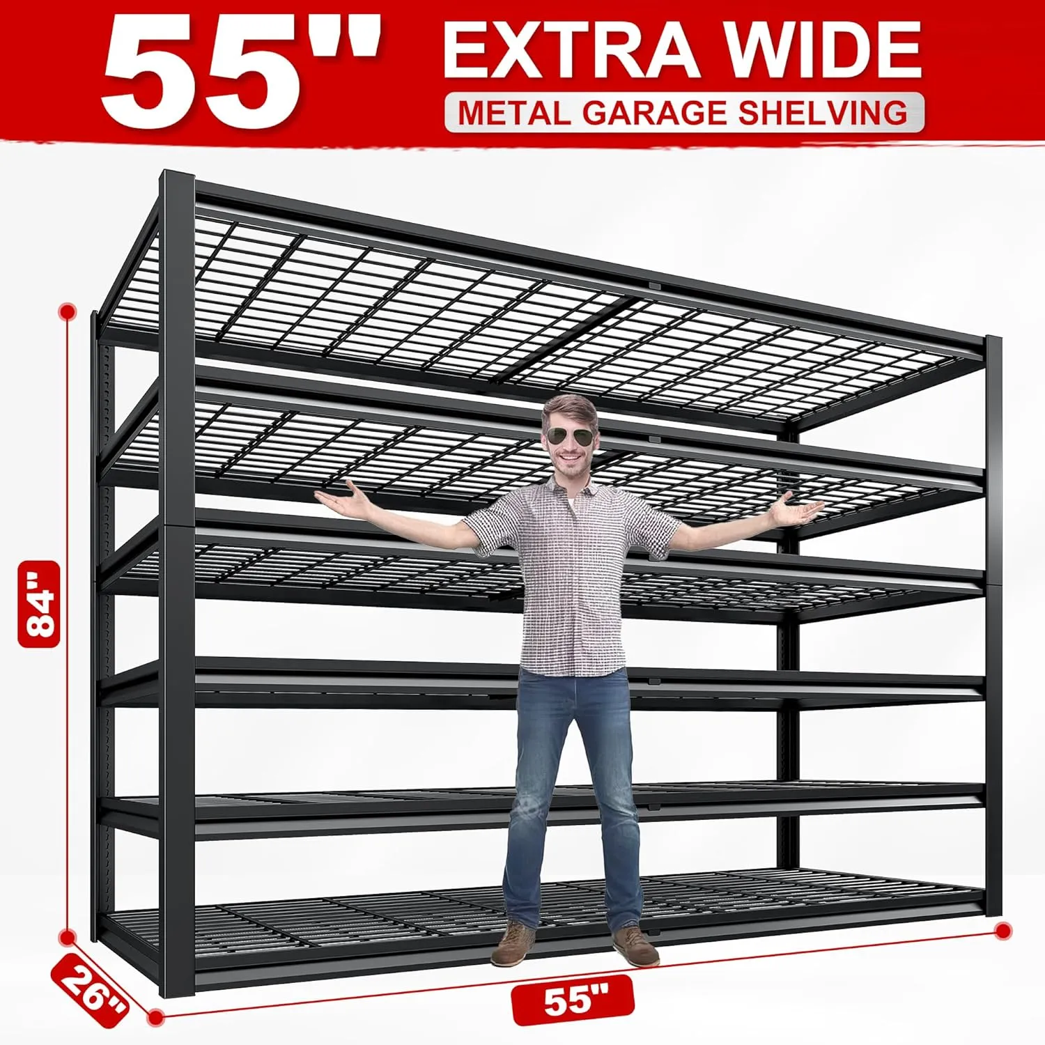 REIBII 3500LBS Garage Shelving, Adjustable Garage Shelving Heavy Duty, 6 Tier Storage Shelves, Metal Shelves for Warehouse, Basement, Industrial, 55" W x26 D x84 H, Black