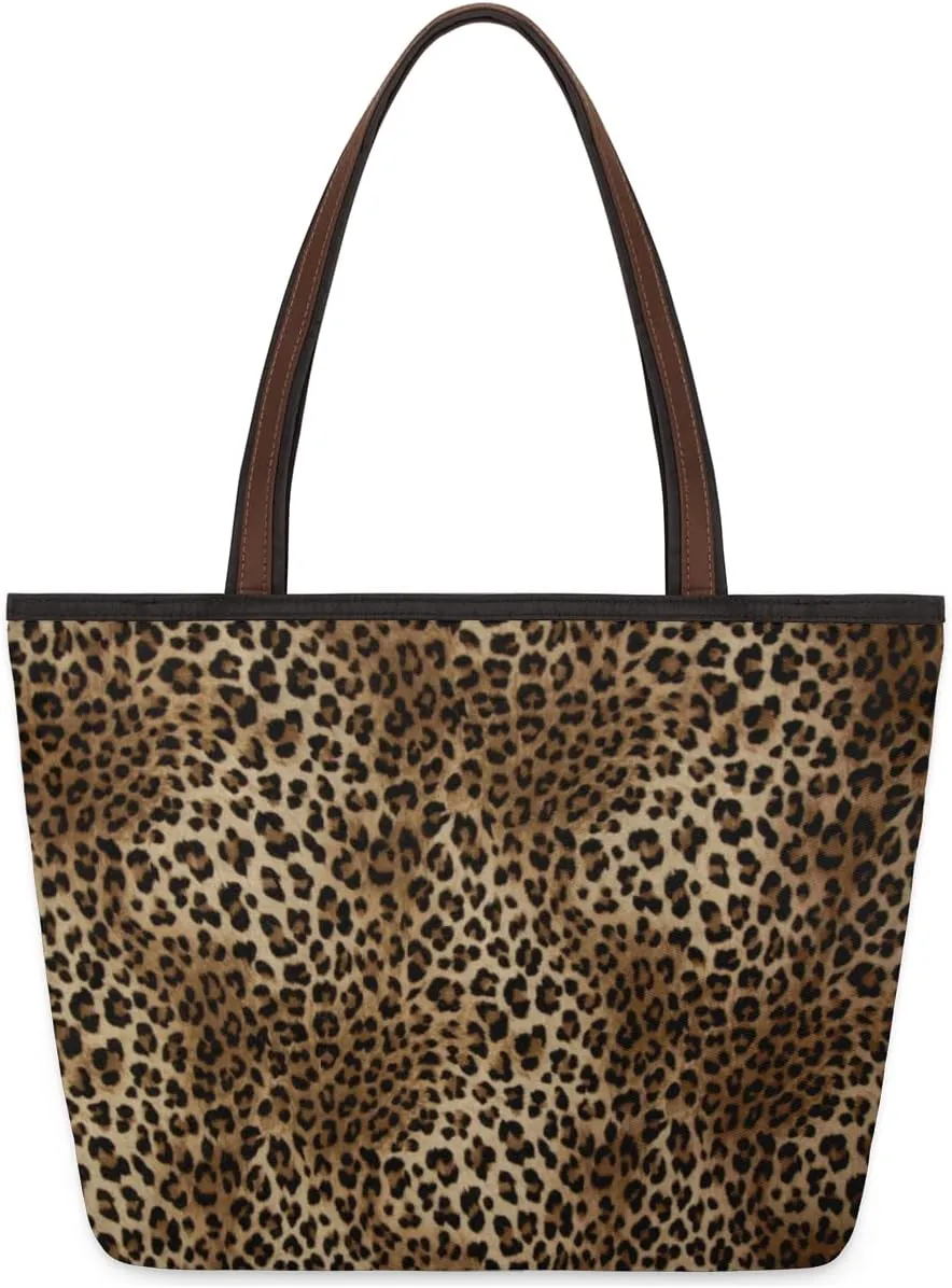 Retro Leopard Print Large Totes Top Handle Purse Women Shoulder Bag, Leopard Skin Tote Bag with Zipper Handbag for Travel School Girls