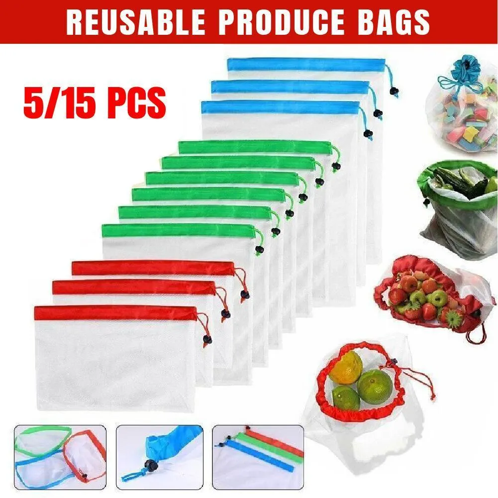 Reusable Mesh Grocery Produce Bags 5-15PCS 3Colours
