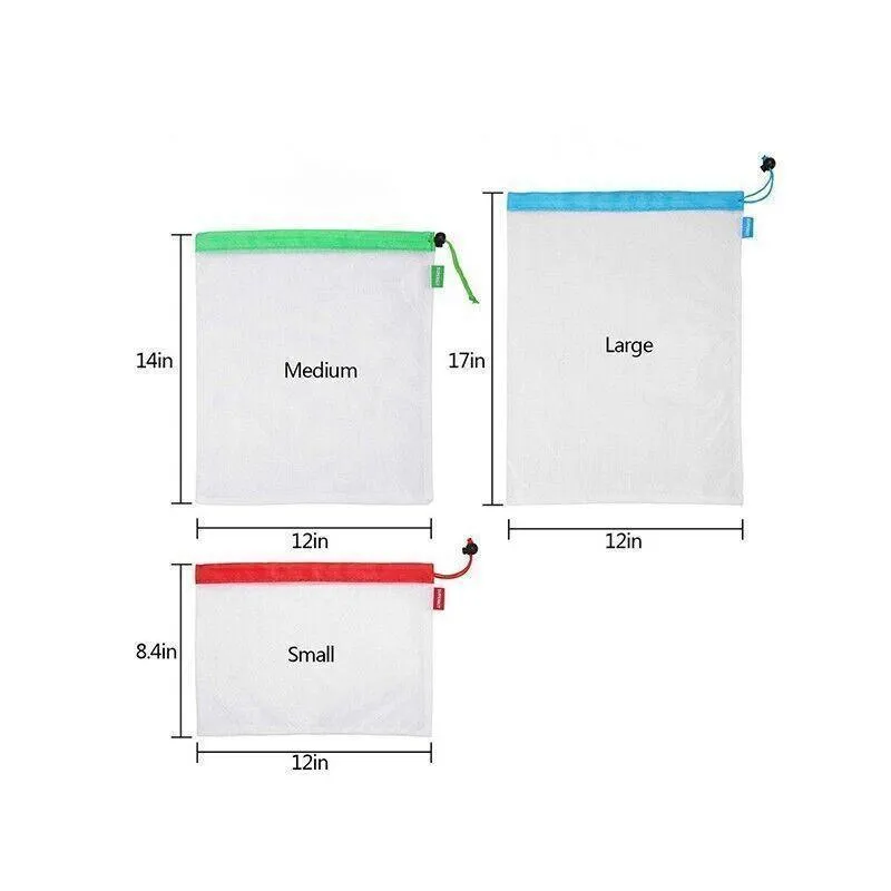 Reusable Mesh Grocery Produce Bags 5-15PCS 3Colours
