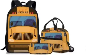 Rnyleeg Yellow School Bus Casual Daypack Girls Elementary Bookbag Satchels for Primary Girls School Bag Backpack Set with Lunch Kits Pencil Bag