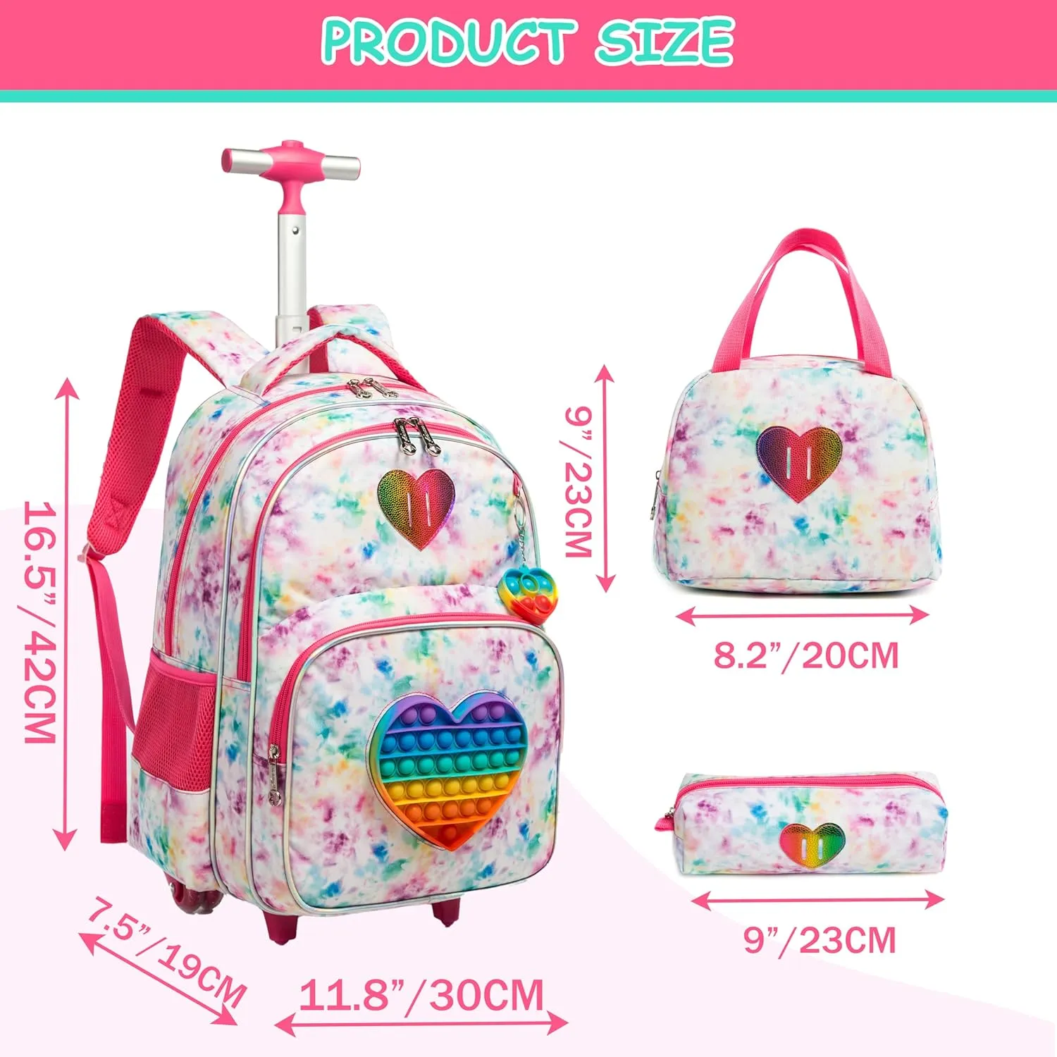 Rolling Backpack for Girls Backpack with Wheels Cute Backpack for Girls with Lunch Pencil Case Kids Suitcases for Girls with Wheels Luggage Sets for Kids Girls 8-12, Love Bag
