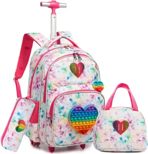Rolling Backpack for Girls Backpack with Wheels Cute Backpack for Girls with Lunch Pencil Case Kids Suitcases for Girls with Wheels Luggage Sets for Kids Girls 8-12, Love Bag
