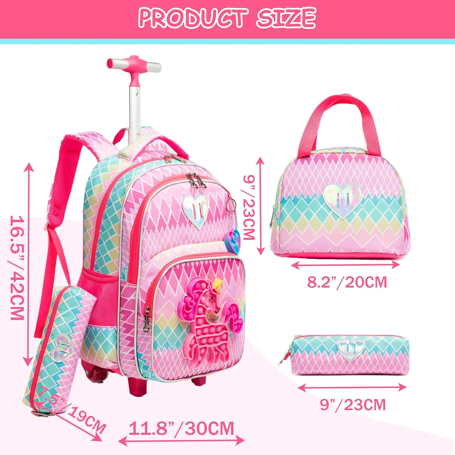 Rolling Backpack for Girls Backpack with Wheels Cute Mermaid Wheeled Backpack with Lunch Bag set Kids Suitcases for Girls with Wheels Luggage Sets for Elementary Primary School 8-12 Girls