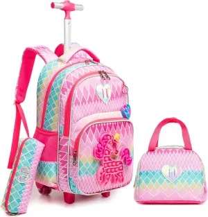 Rolling Backpack for Girls Backpack with Wheels Cute Mermaid Wheeled Backpack with Lunch Bag set Kids Suitcases for Girls with Wheels Luggage Sets for Elementary Primary School 8-12 Girls