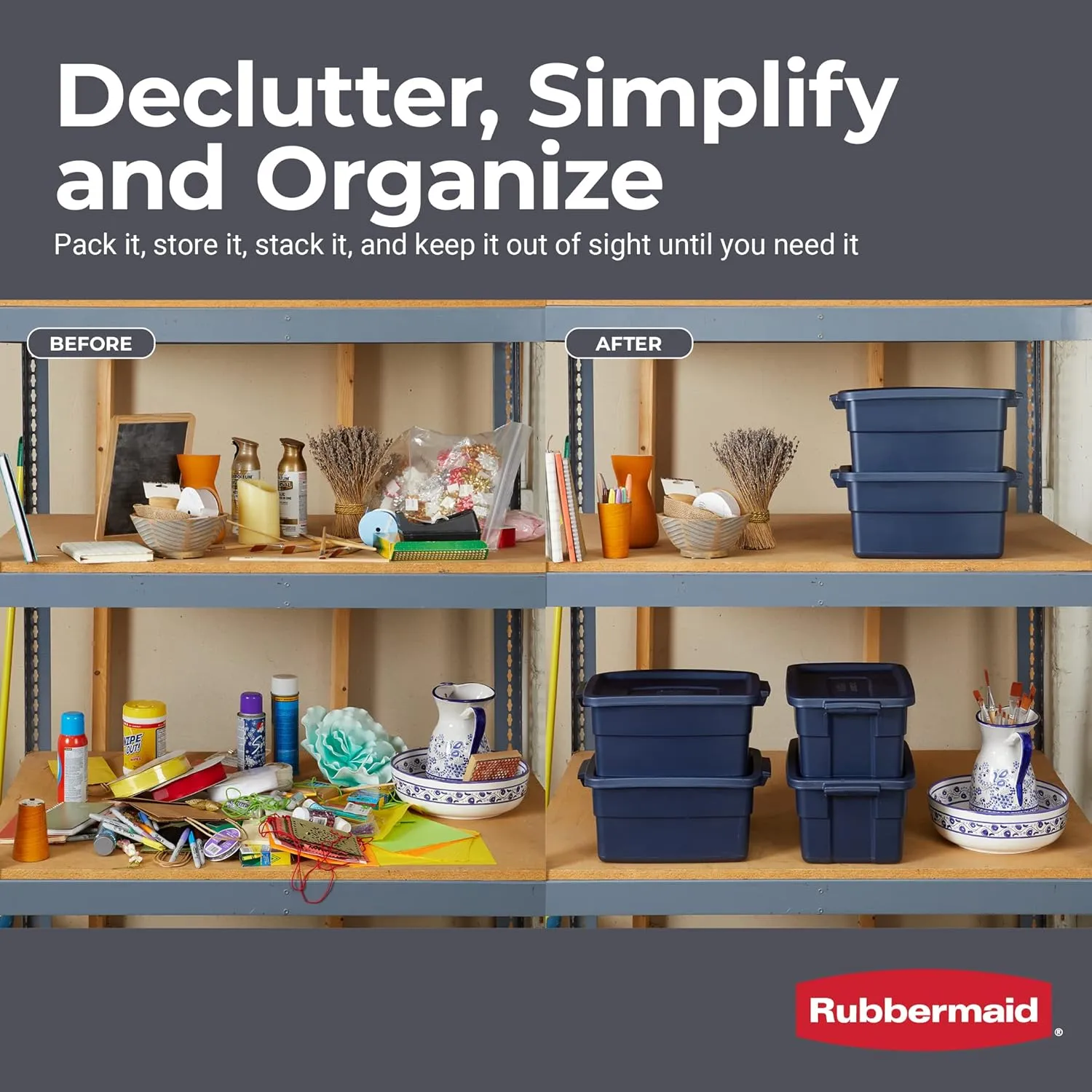 Rubbermaid Roughneck Tote 3 Gal, 6 Pack, Made in USA, Dark Indigo Metallic, Rugged Plastic Stackable Storage Bins with Lids and Handles