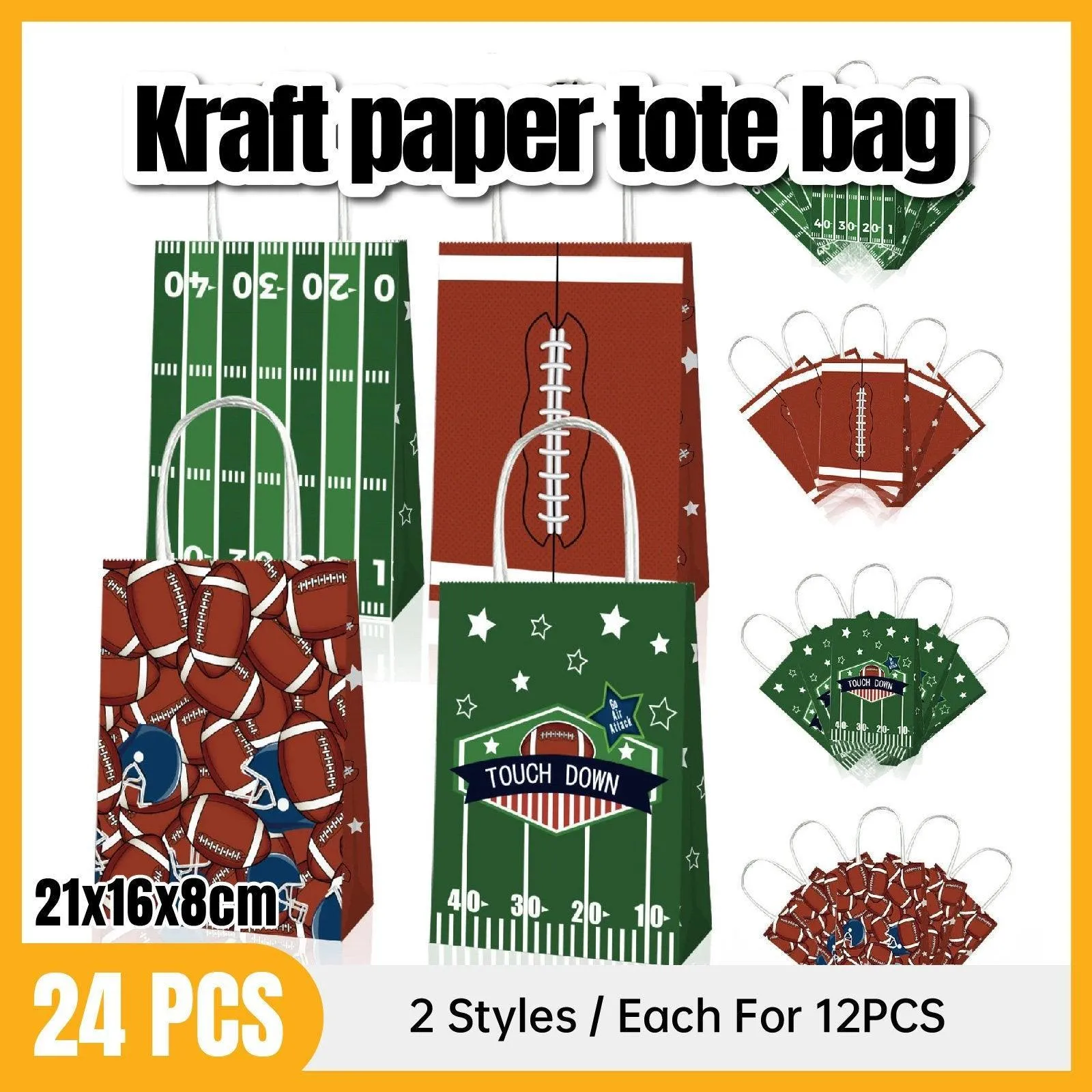 Rugby Themed Kraft Paper Tote Bags Brown 24PCS