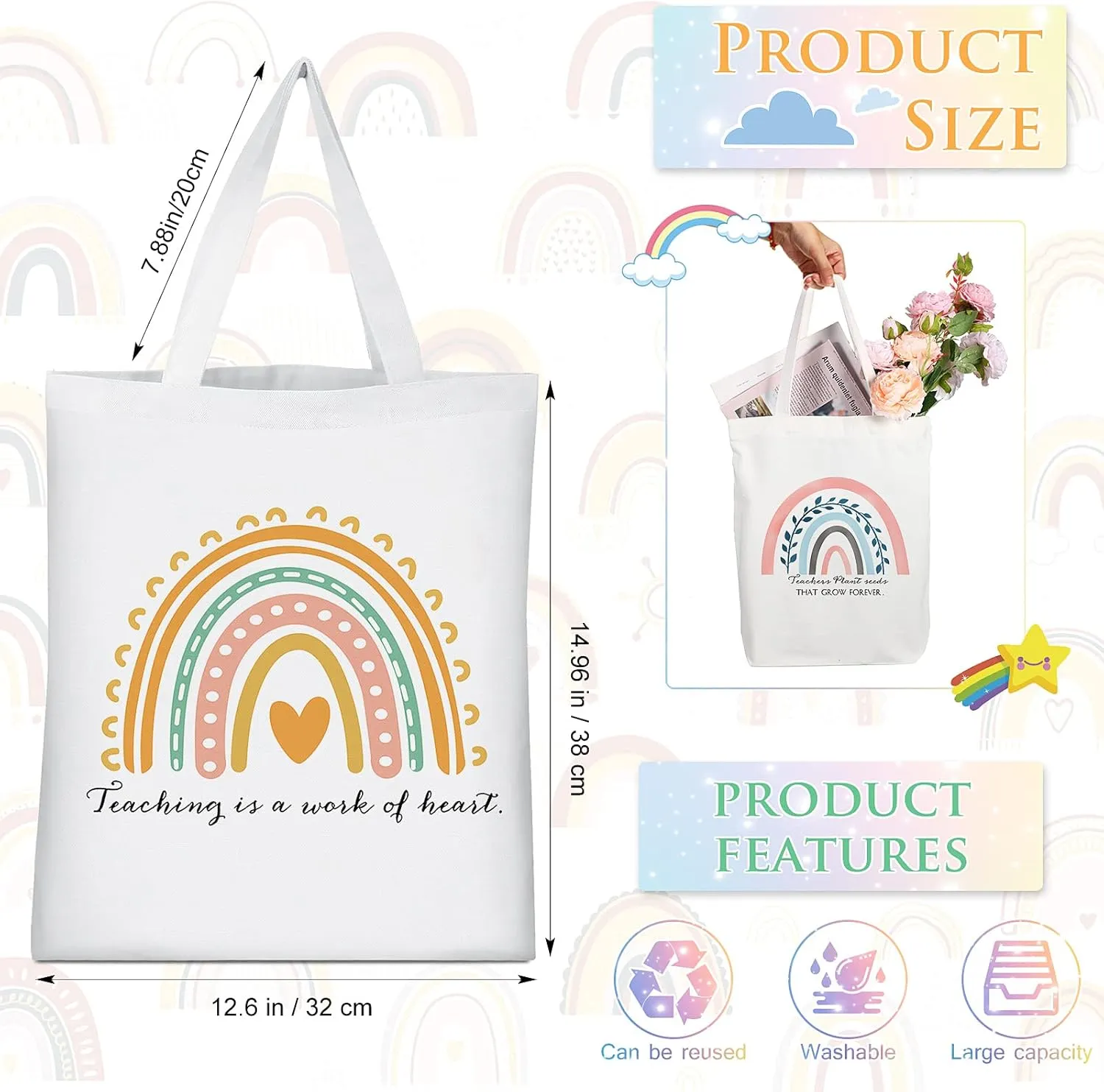 Sadnyy 20 Pcs Rainbow Canvas Tote Bag Teacher Employee Appreciation Gift Inspirational Tote Bag with Zipper for Office School