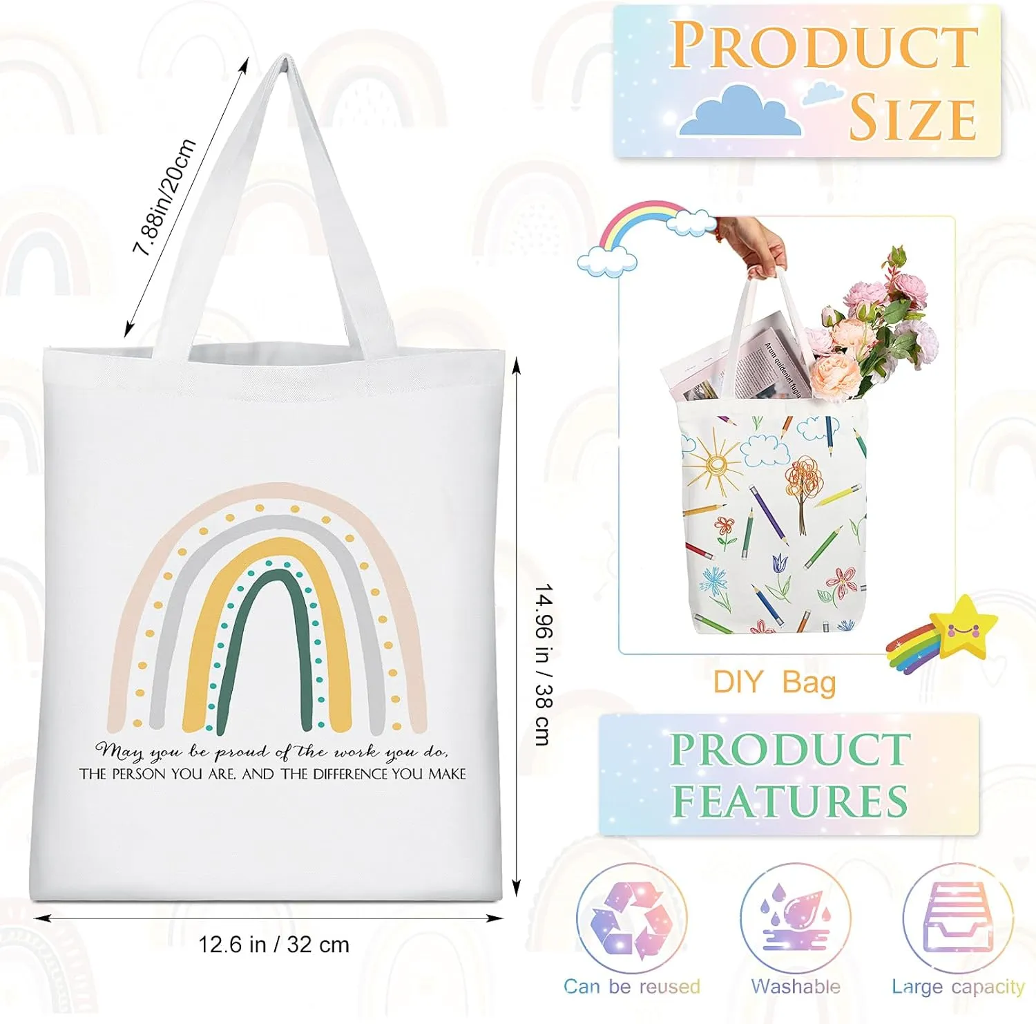 Sadnyy 20 Pcs Rainbow Canvas Tote Bag Teacher Employee Appreciation Gift Inspirational Tote Bag with Zipper for Office School