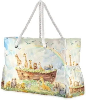 senya Large Beach Bags Totes Canvas Tote Shoulder Bag A Beautiful Watercolor Painting Depicts The Bible Story Of Noah's Ark Water Resistant Bags for Gym Travel Daily, g362625534p432c467s893