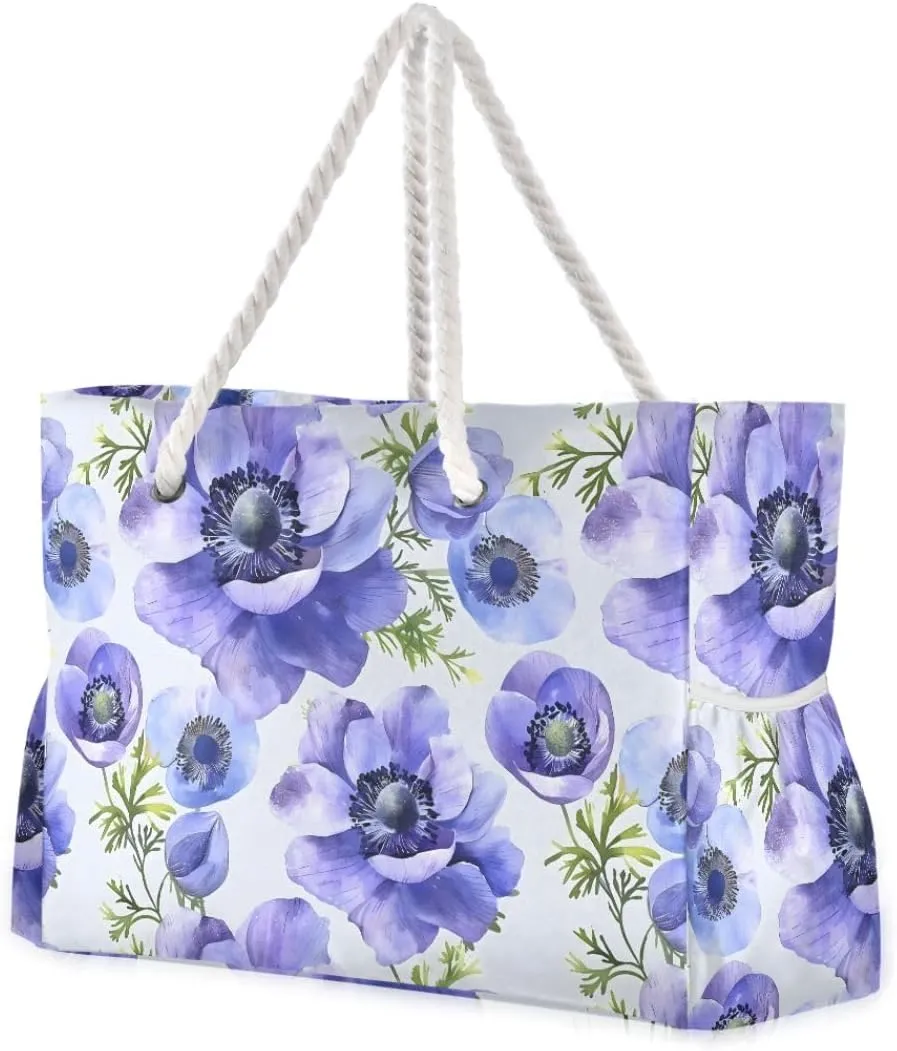 senya Large Beach Bags Totes Canvas Tote Shoulder Bag Blue Anemone Water Resistant Bags for Gym Travel Daily, g362669788p432c467s893