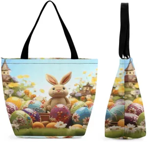 Shopping Zippered Tote for Women,Easter Colorful Eggs Print Travel Totes Bag,Beach Tote Bags,Overnight Handbag,reusable Shopping Bags