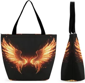 Shopping Zippered Tote for Women,Fire Angle Wings Print Travel Totes Bag,Beach Tote Bags,Overnight Handbag,reusable Shopping Bags