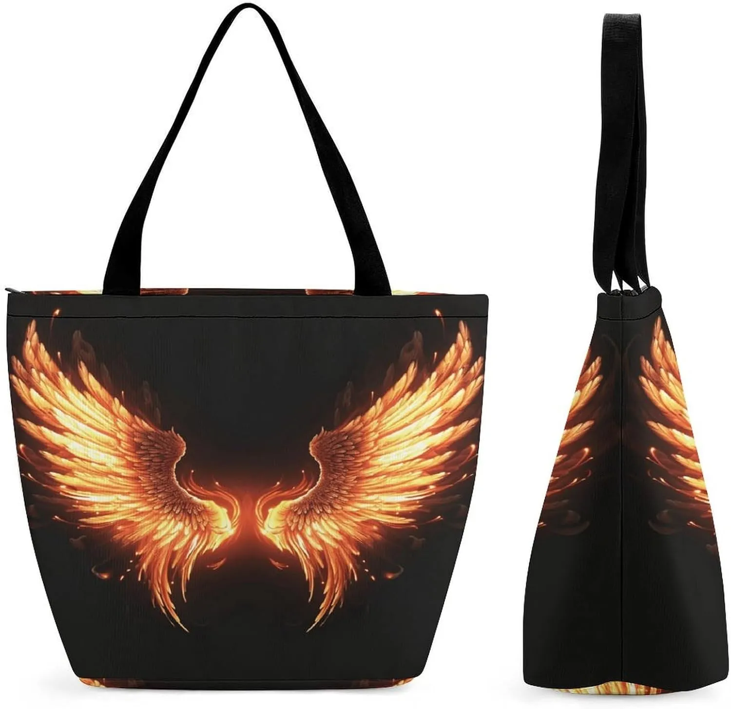 Shopping Zippered Tote for Women,Fire Angle Wings Print Travel Totes Bag,Beach Tote Bags,Overnight Handbag,reusable Shopping Bags