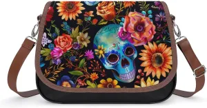 Skull And Flowers Day of The Dead Messenger Bag for Women PU Leather Crossbody Bags Shoulder Handbags Purse