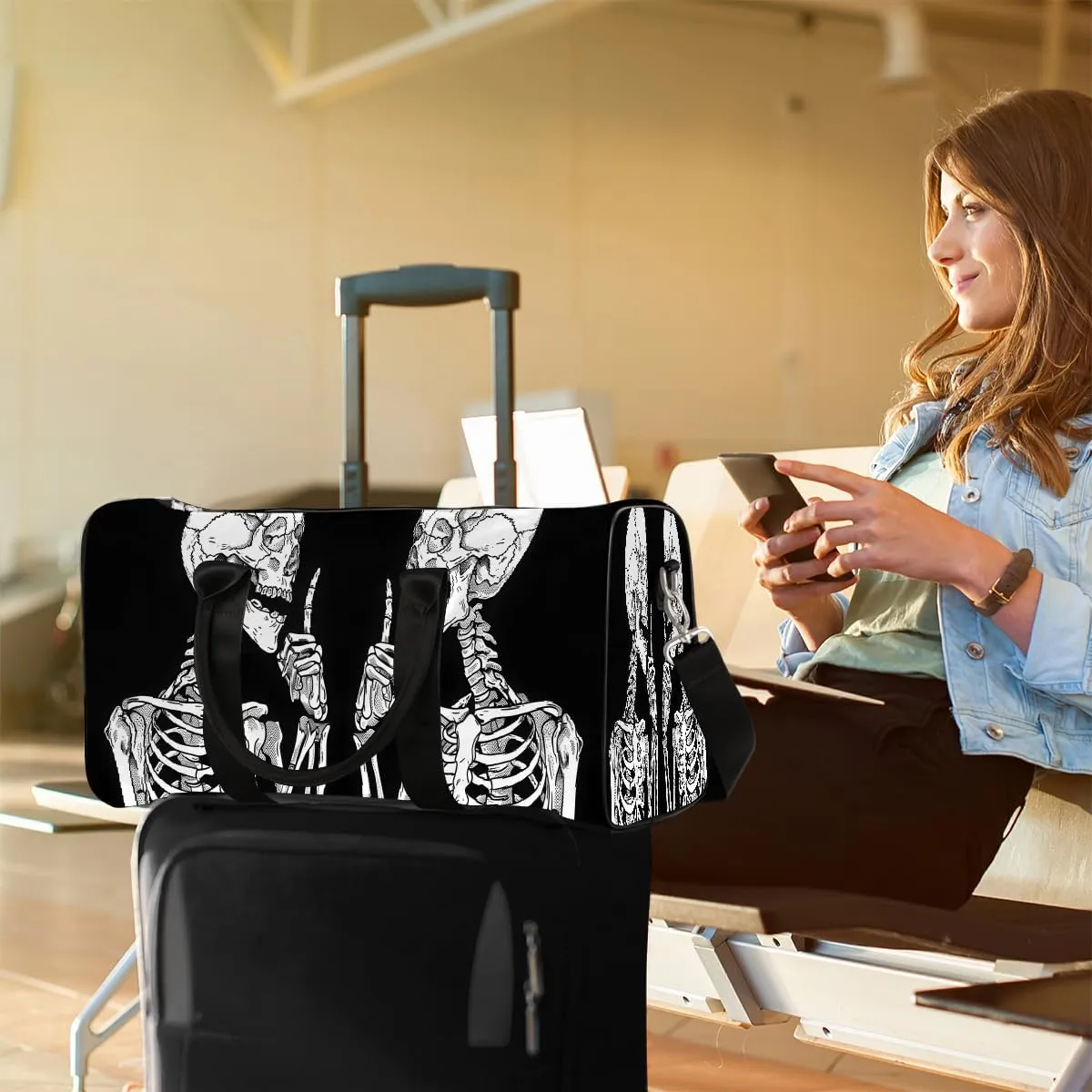 Skull Design For Two People Cool Travel Duffel Bag for Women Men Small Sport Gym Bag Waterproof Weekender Overnight Lightweight Carry on Foldable Gym Bag for Training Swim Yoga Traveling Handbag