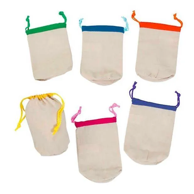 Small Canvas Drawstring Bags with Bright Trim (12 Pack)