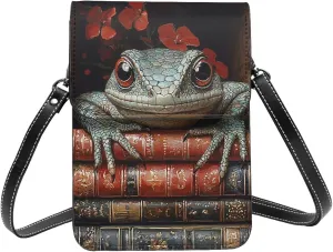 Small Crossbody Bag Cell Phone Pouch for Women Leather Wallet Coin Purse, Lizard Bookshelf Books Vintage