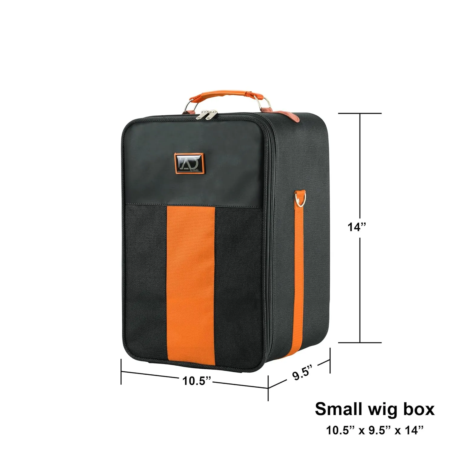 Small Wig Travel Box with Top Handle, Shoulder Strap & Double Zipper, Carrying Case with Removable Head-Holding Base - Black & Orange - by Adolfo Design
