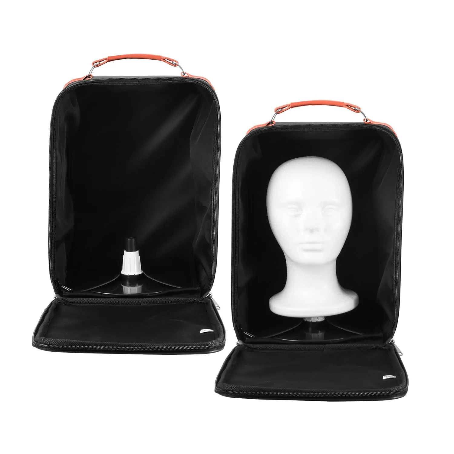 Small Wig Travel Box with Top Handle, Shoulder Strap & Double Zipper, Carrying Case with Removable Head-Holding Base - Black & Orange - by Adolfo Design