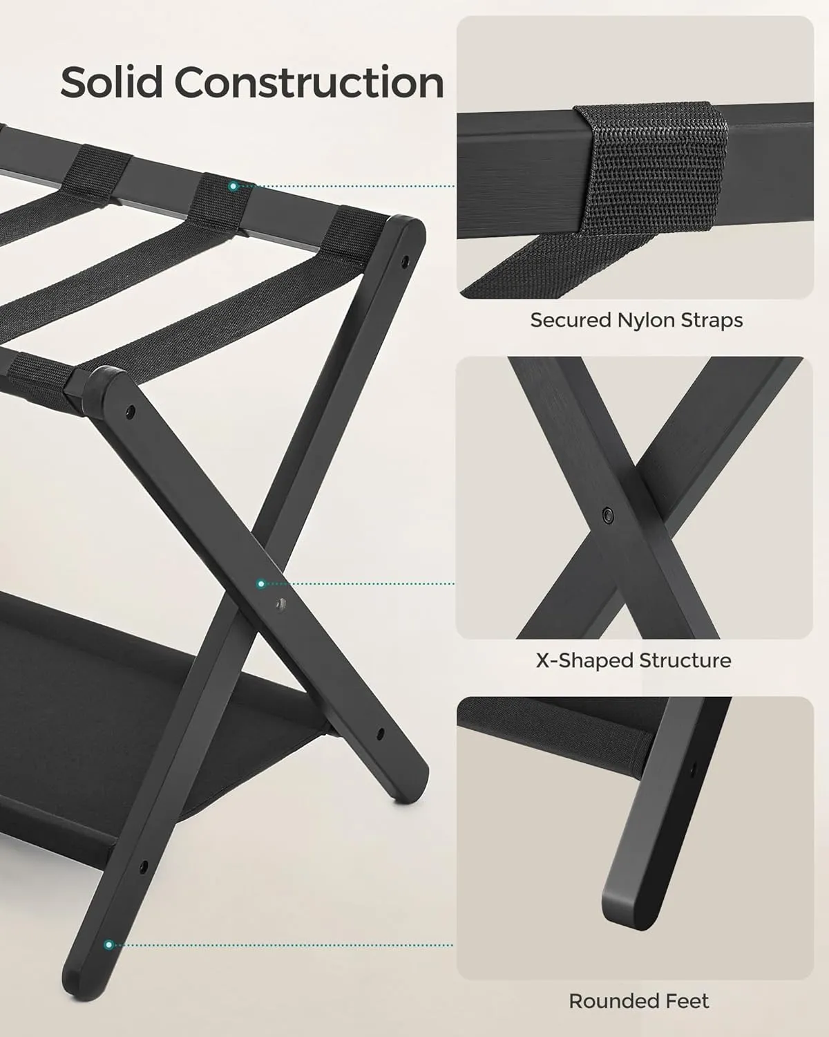 Solid Wood Folding Luggage Rack - Black