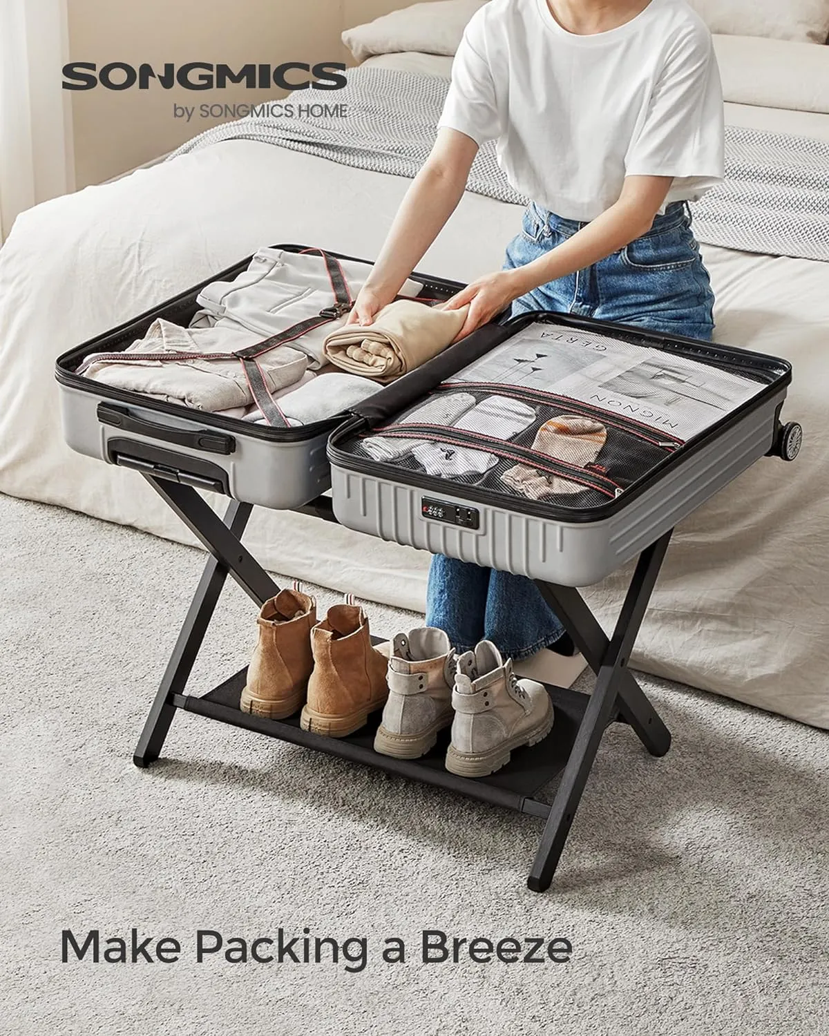 Solid Wood Folding Luggage Rack - Black