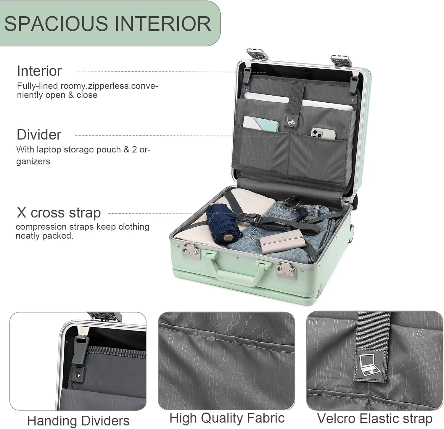 Somago Aluminum Frame 18" Carry On Luggage Wide Handle Suitcase Built-In Double TSA Lock Hardside Lightweight PC Travel Suitcase with Spinner Wheels, Lime