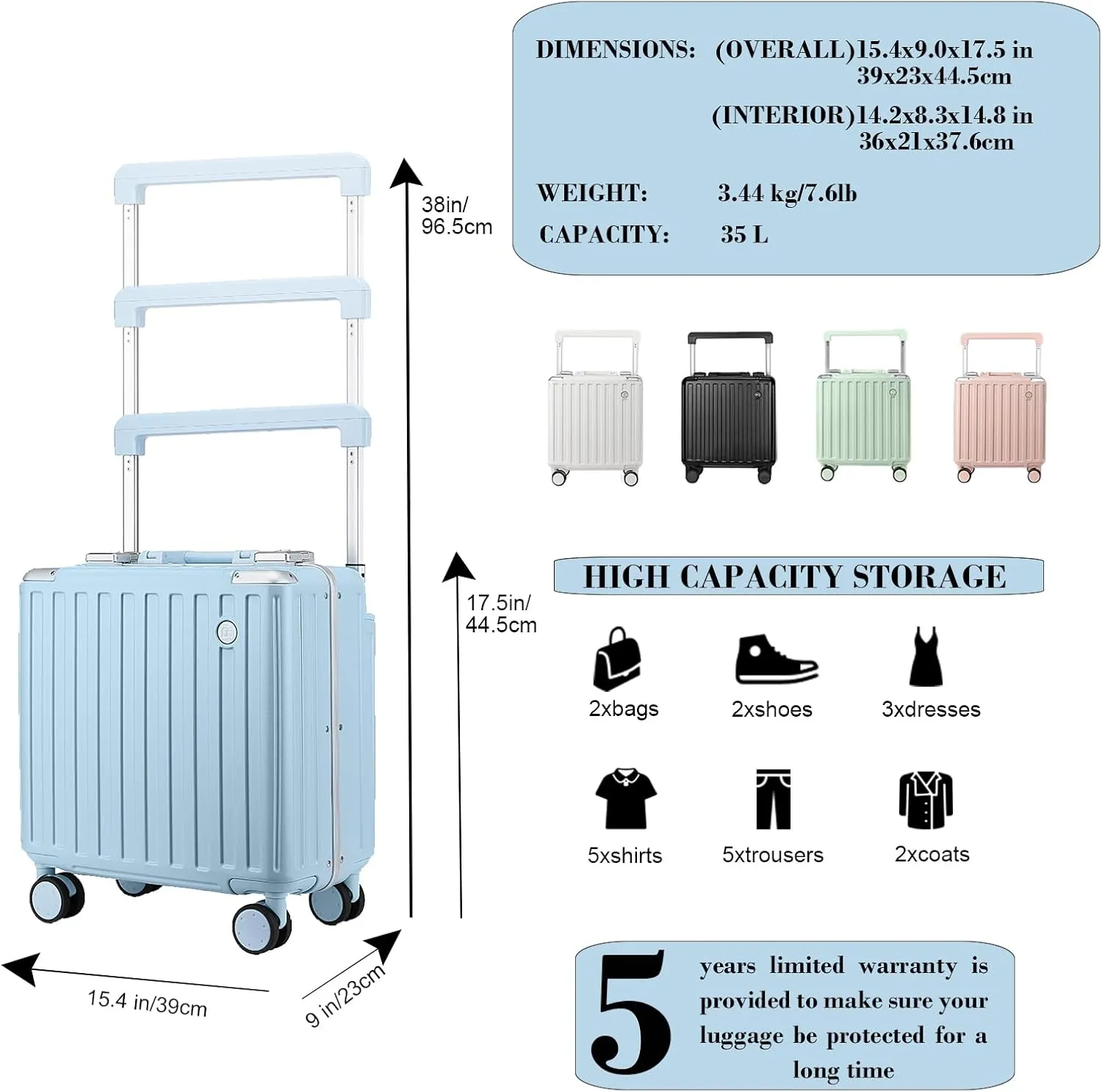 Somago Aluminum Frame 18" Carry On Luggage Wide Handle Suitcase Built-In Double TSA Lock Hardside Lightweight PC Travel Suitcase with Spinner Wheels,Light Blue