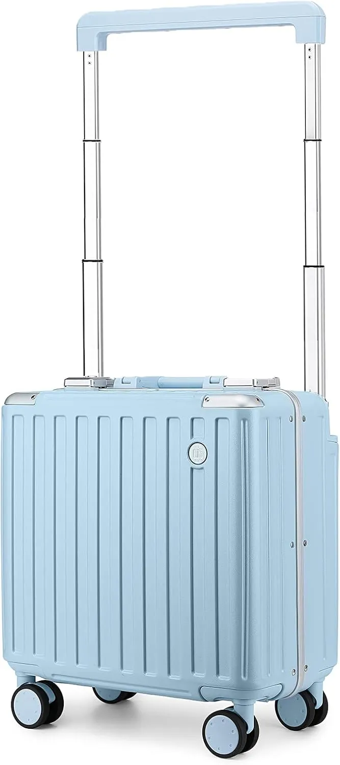 Somago Aluminum Frame 18" Carry On Luggage Wide Handle Suitcase Built-In Double TSA Lock Hardside Lightweight PC Travel Suitcase with Spinner Wheels,Light Blue