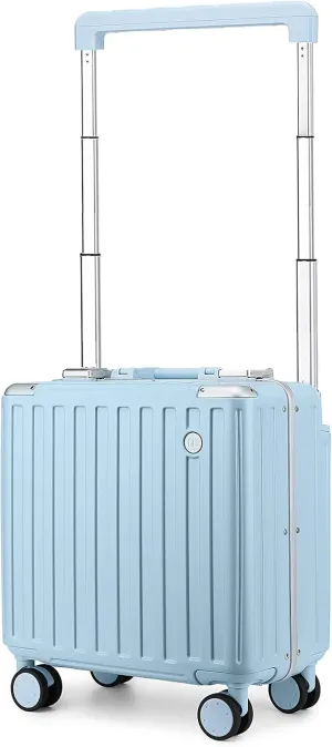 Somago Aluminum Frame 18" Carry On Luggage Wide Handle Suitcase Built-In Double TSA Lock Hardside Lightweight PC Travel Suitcase with Spinner Wheels,Light Blue