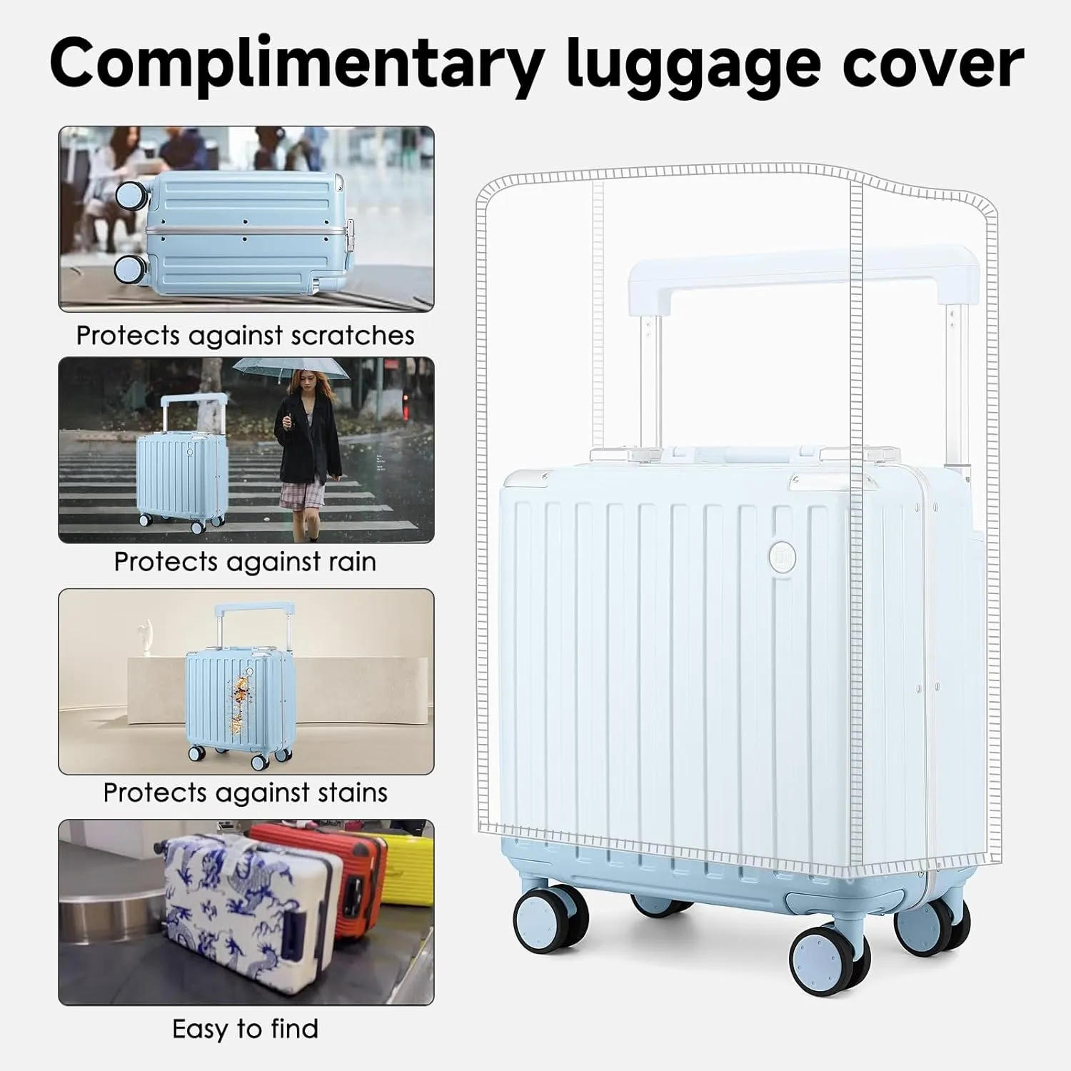Somago Aluminum Frame 18" Carry On Luggage Wide Handle Suitcase Built-In Double TSA Lock Hardside Lightweight PC Travel Suitcase with Spinner Wheels,Light Blue