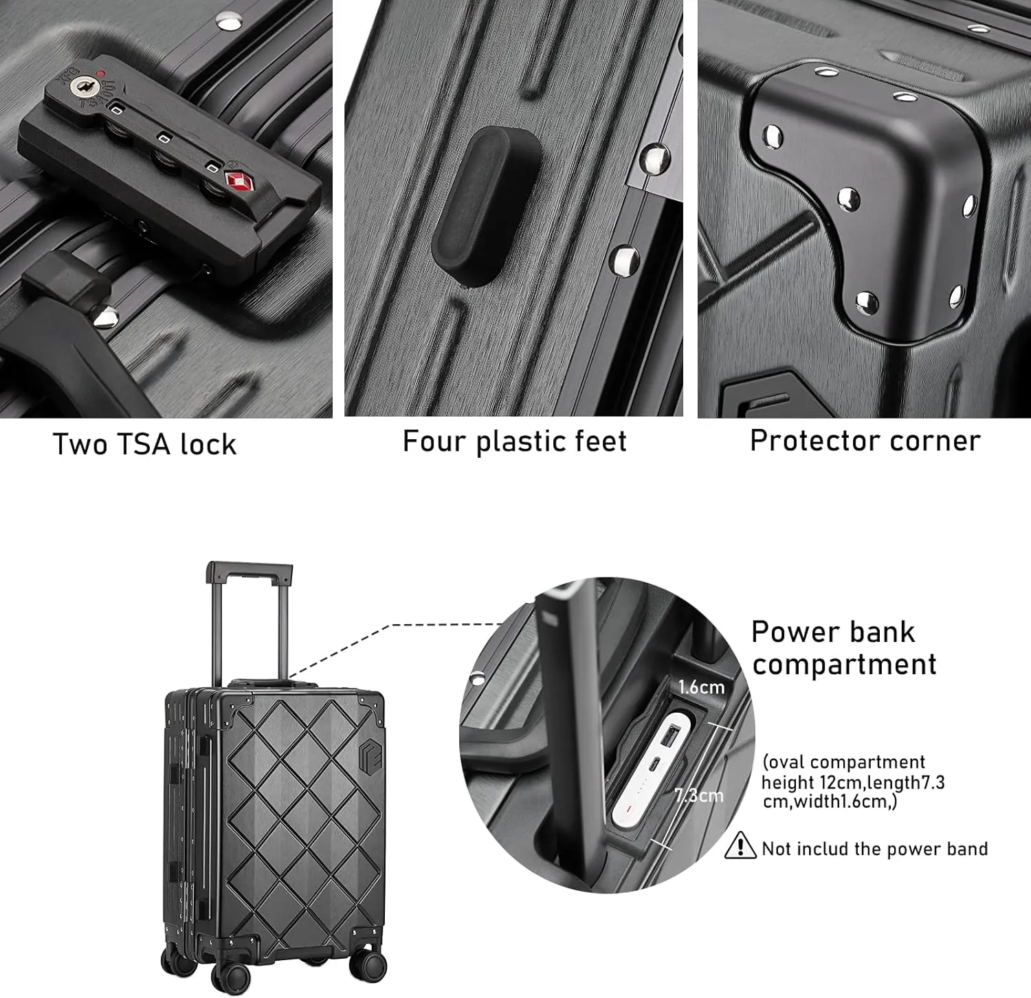 Somago Carry On Luggage with Spinner Wheels 20in Lightweight Suitcase Built in TSA Aluminum Frame PC Hardside Rolling Suitcases Travel Case (Black Silver)