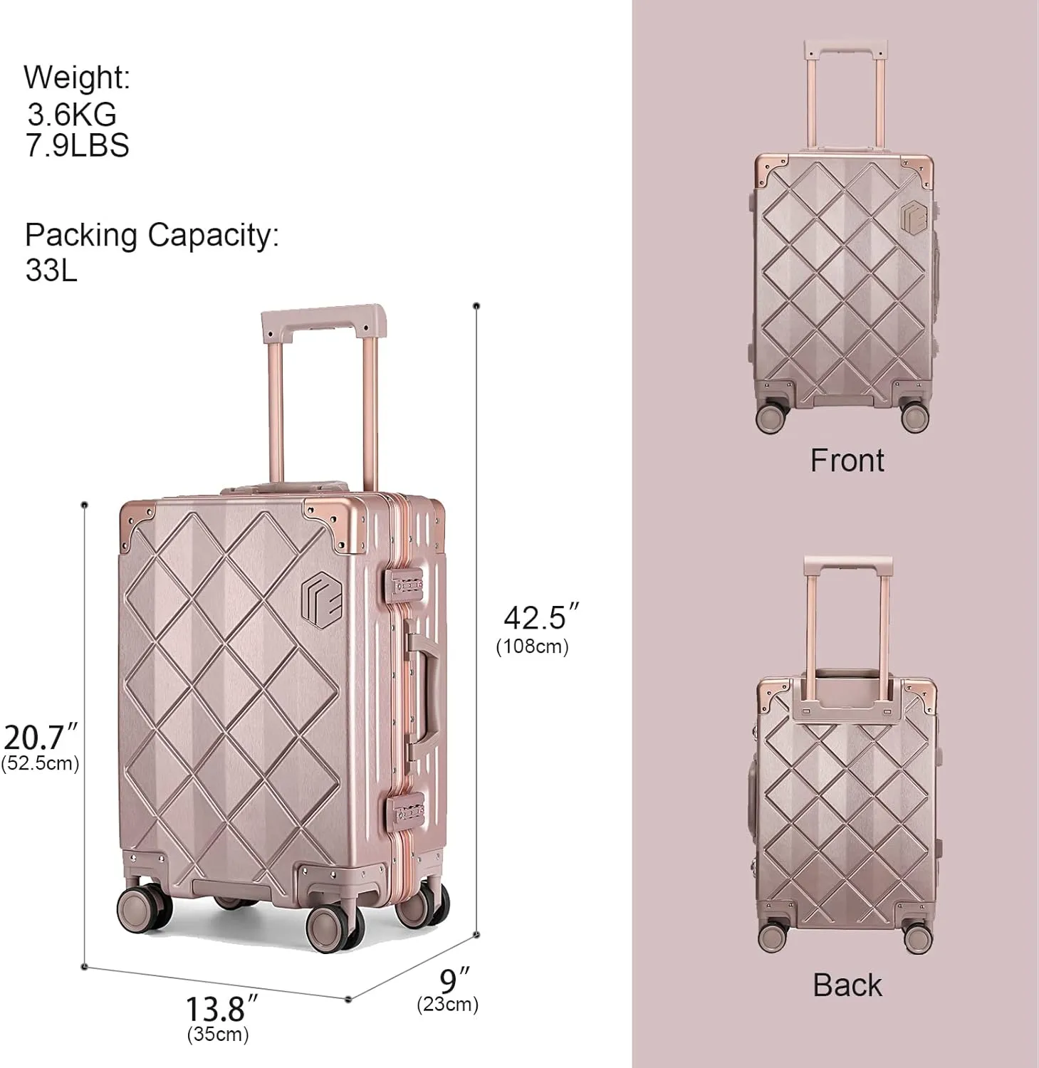 Somago Carry On Luggage with Spinner Wheels 20in Lightweight Suitcase Built in TSA Aluminum Frame PC Hardside Rolling Suitcases Travel Case (Rose Gold)