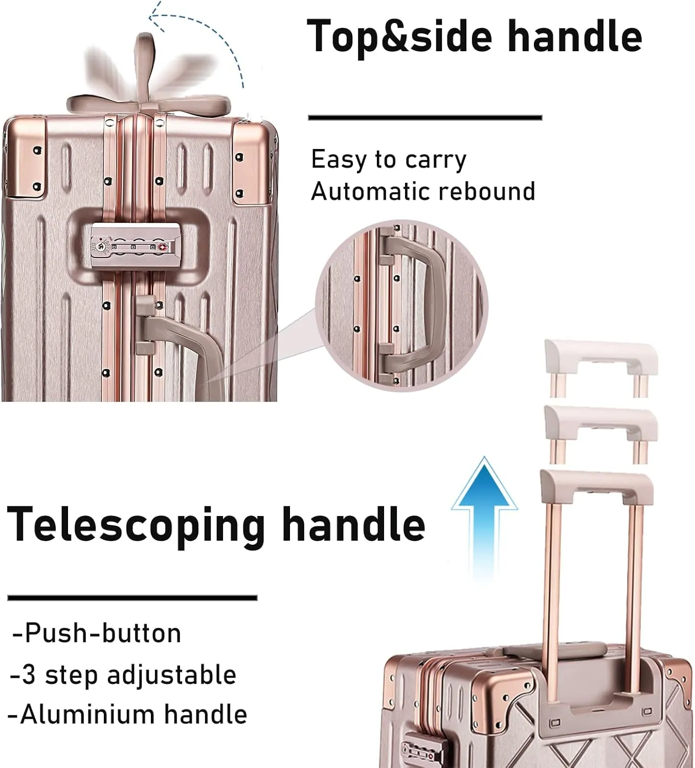 Somago Carry On Luggage with Spinner Wheels 20in Lightweight Suitcase Built in TSA Aluminum Frame PC Hardside Rolling Suitcases Travel Case (Rose Gold)