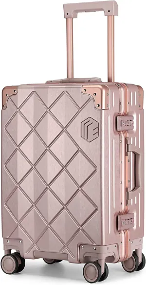 Somago Carry On Luggage with Spinner Wheels 20in Lightweight Suitcase Built in TSA Aluminum Frame PC Hardside Rolling Suitcases Travel Case (Rose Gold)