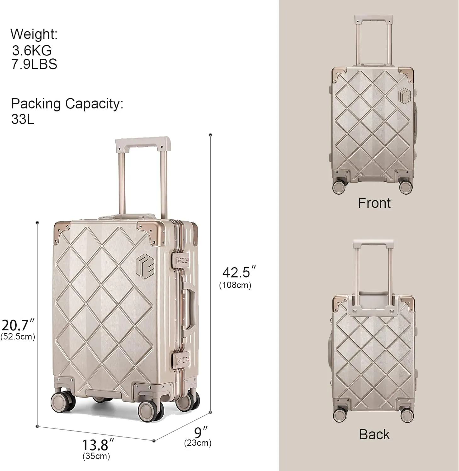 Somago Carry On Luggage with Spinner Wheels 20in Lightweight Suitcase Built in TSA Aluminum Frame PC Hardside Rolling Suitcases Travel Case (Titanium Gold)