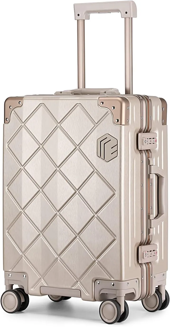 Somago Carry On Luggage with Spinner Wheels 20in Lightweight Suitcase Built in TSA Aluminum Frame PC Hardside Rolling Suitcases Travel Case (Titanium Gold)
