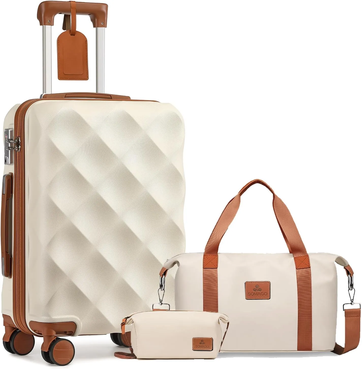 Somago Luggage Sets 20in Carry on Suitcase with TSA Lock YKK Zipper Spinner Wheels ABS Hardside Luggage 3 Piece Weekender Bags Travel Set,Beige