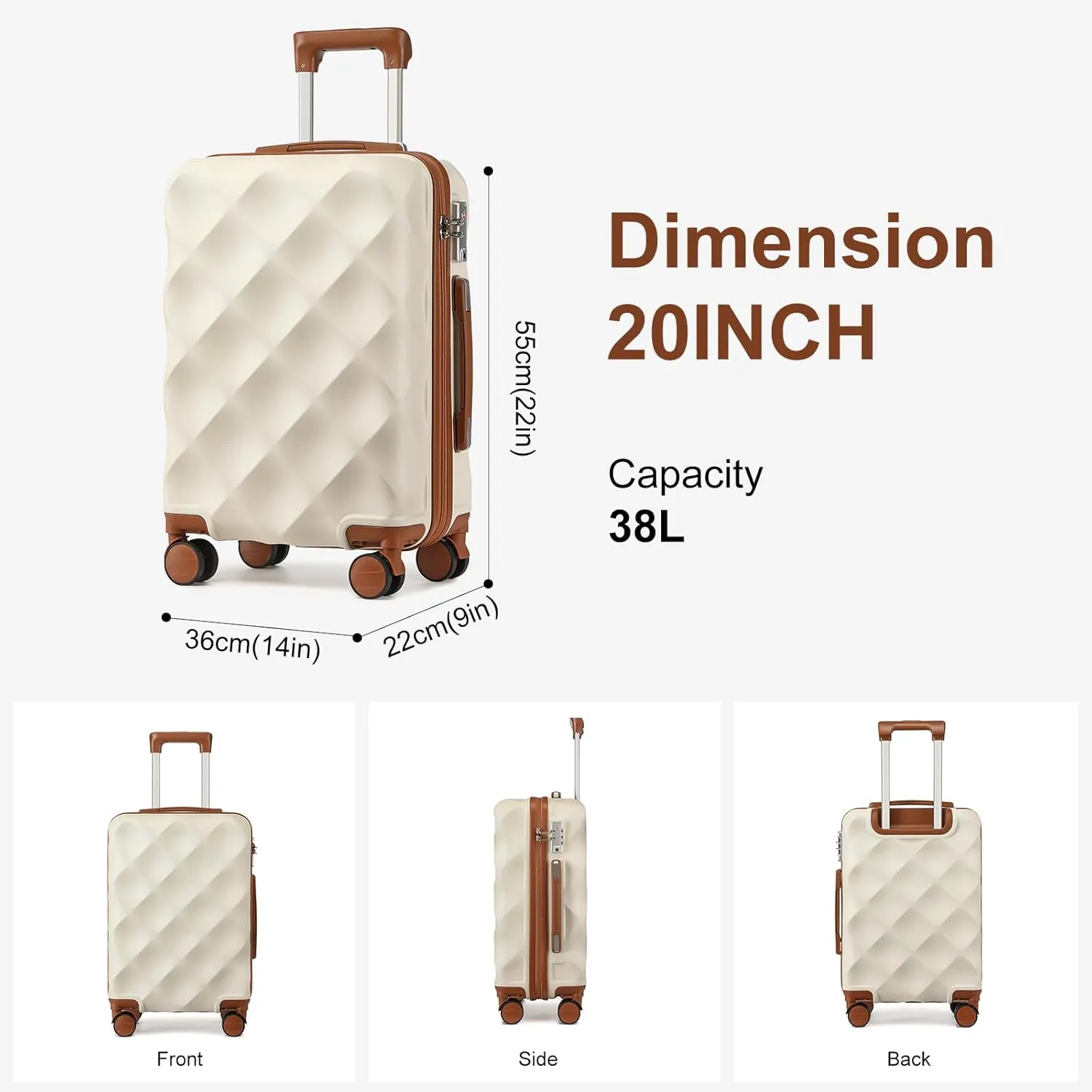 Somago Luggage Sets 20in Carry on Suitcase with TSA Lock YKK Zipper Spinner Wheels ABS Hardside Luggage 3 Piece Weekender Bags Travel Set,Beige