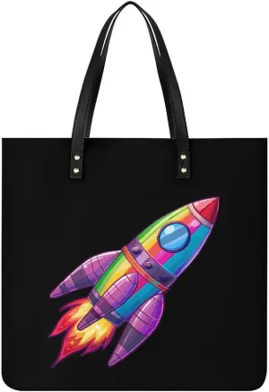 Spaceship LGBT Flag Gay Proud Month Transgender Rainbow Tote Bag for Women PU Leather Purses Handbags Shoulder Bag for Top Handle
