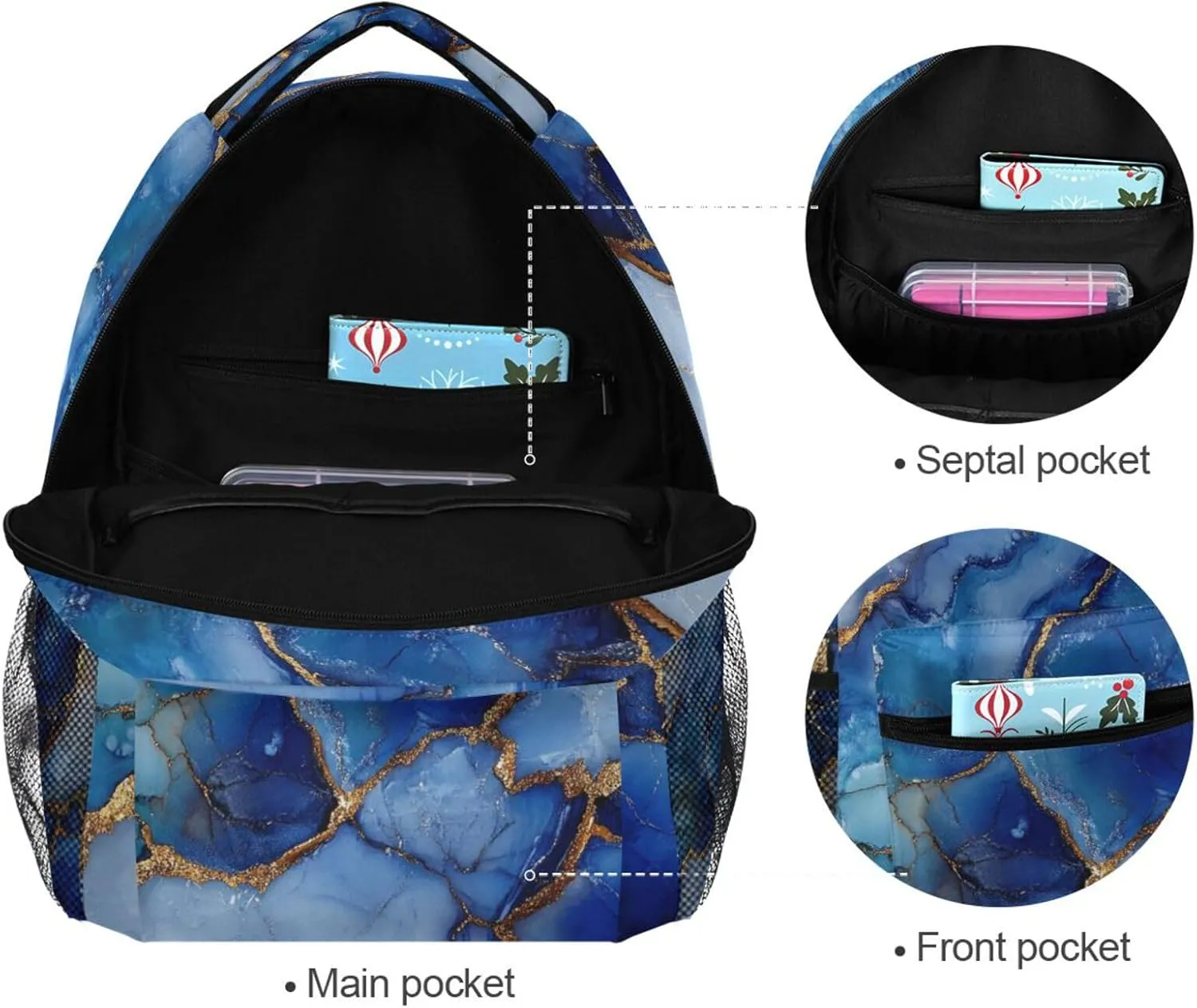 Sport Backpack for Men Women Waterproof Travel Laptop Backpack with Chest Strap Gift Men & Women Marble Silver Royal Blue
