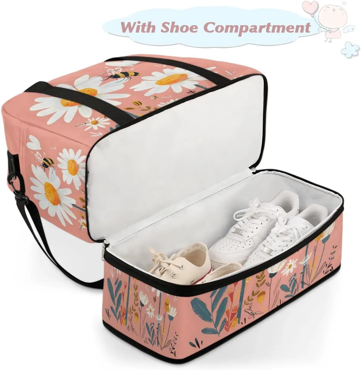 Sports Duffel Bag, Foldable Spring Daisy Bee Travel Duffel Bag, Gym Yoga Beach Bag Weekender Overnight Bag with Shoes Compartment for Men Women, Wild Flowers