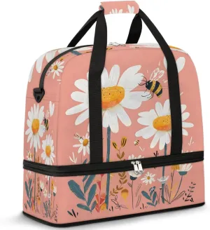 Sports Duffel Bag, Foldable Spring Daisy Bee Travel Duffel Bag, Gym Yoga Beach Bag Weekender Overnight Bag with Shoes Compartment for Men Women, Wild Flowers