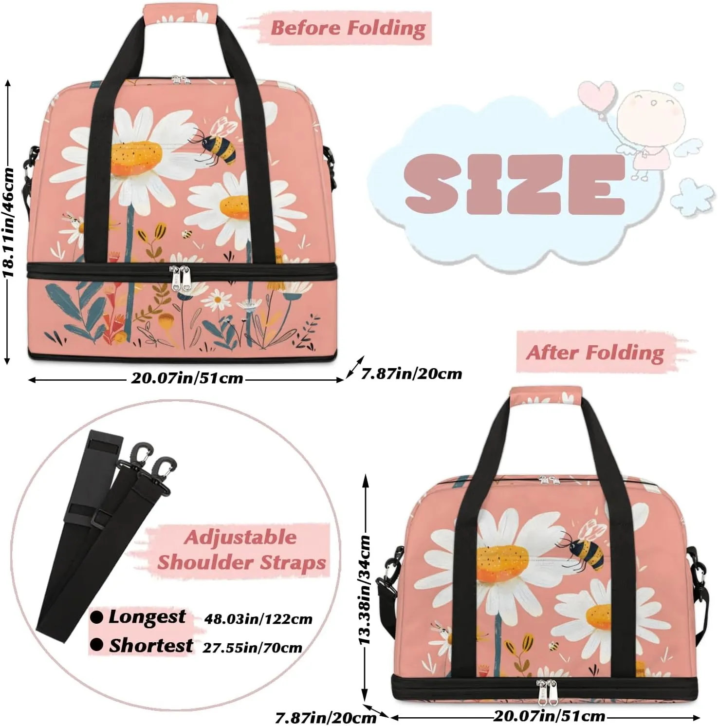 Sports Duffel Bag, Foldable Spring Daisy Bee Travel Duffel Bag, Gym Yoga Beach Bag Weekender Overnight Bag with Shoes Compartment for Men Women, Wild Flowers