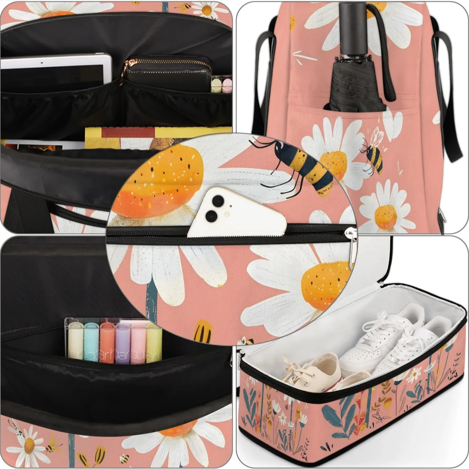 Sports Duffel Bag, Foldable Spring Daisy Bee Travel Duffel Bag, Gym Yoga Beach Bag Weekender Overnight Bag with Shoes Compartment for Men Women, Wild Flowers