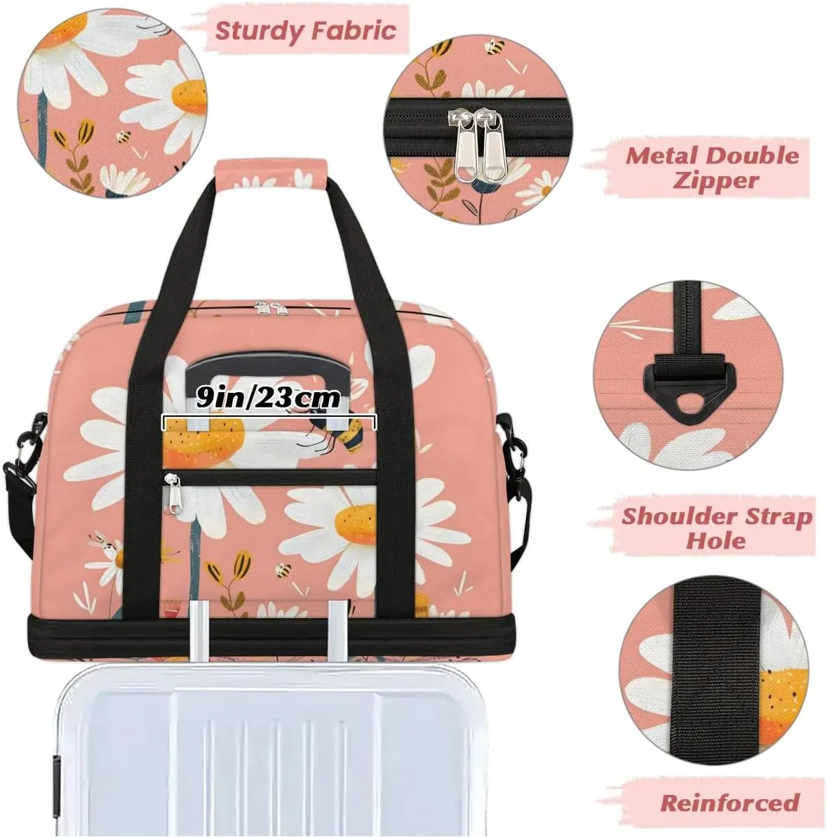 Sports Duffel Bag, Foldable Spring Daisy Bee Travel Duffel Bag, Gym Yoga Beach Bag Weekender Overnight Bag with Shoes Compartment for Men Women, Wild Flowers