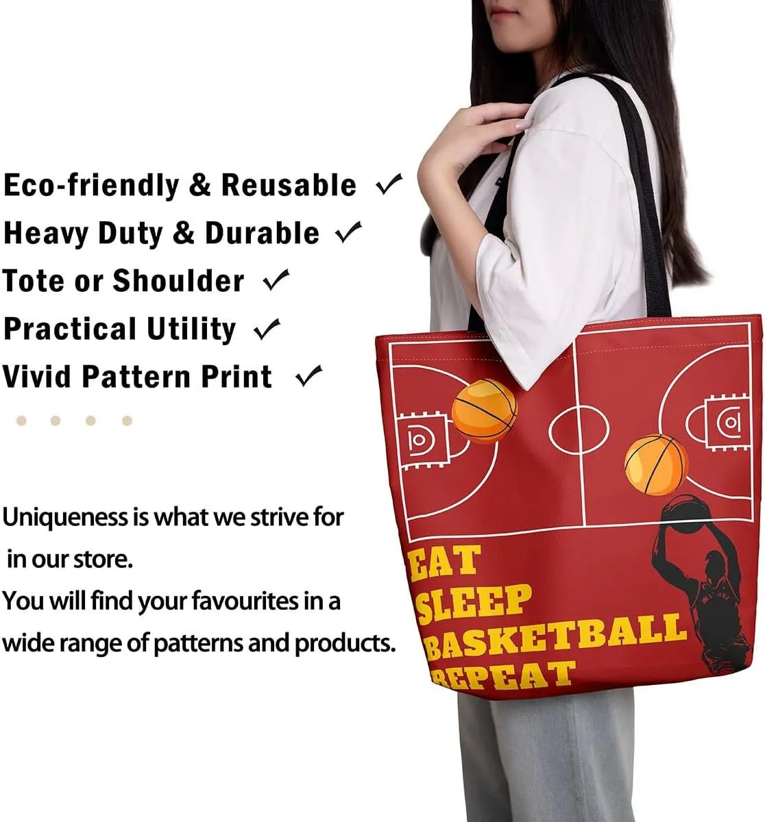 Sports Theme Canvas Tote Bag,Ball Games Basketball Shoulder Handbags for Shopping Gym Yoga,Large Capacity