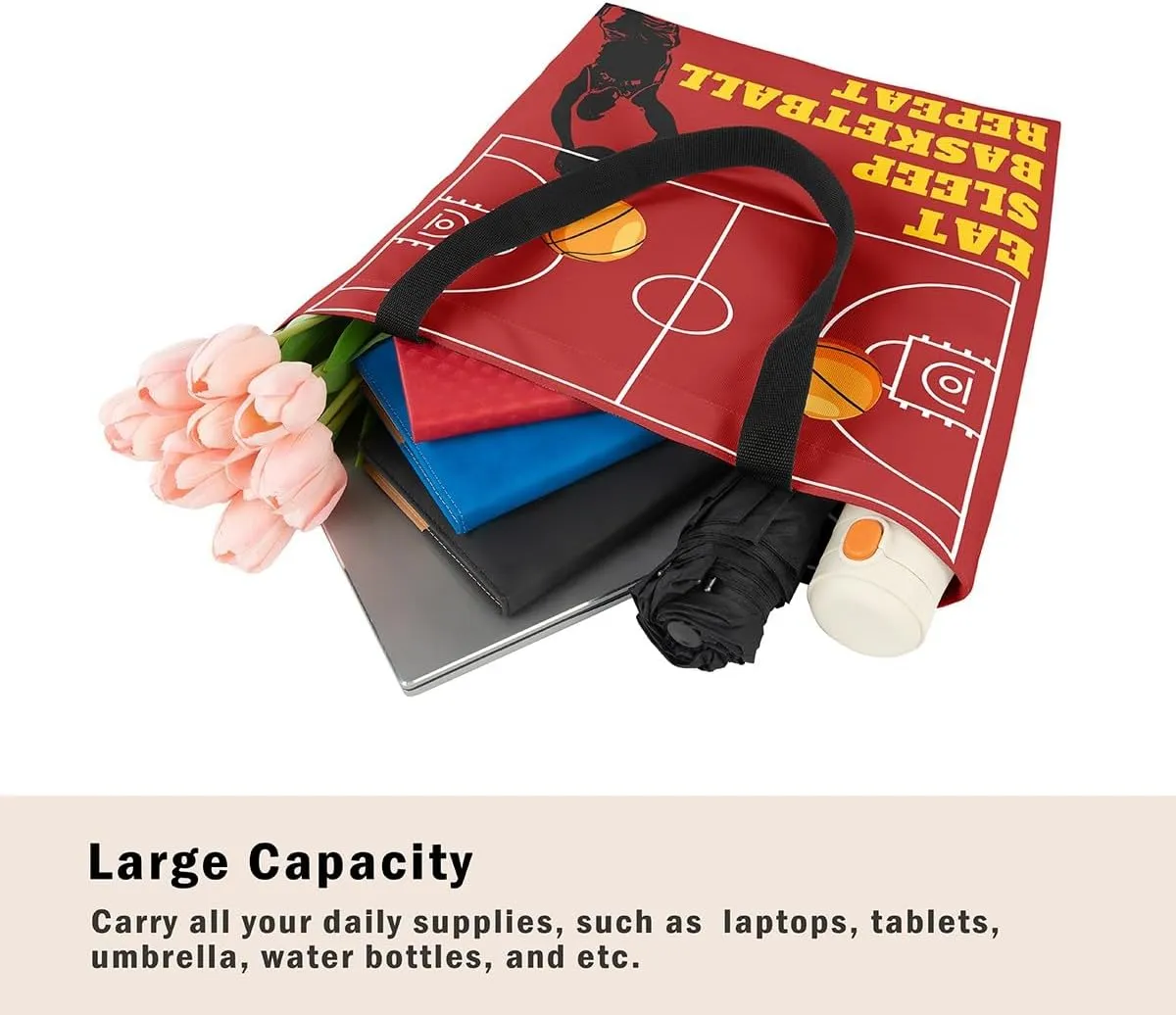 Sports Theme Canvas Tote Bag,Ball Games Basketball Shoulder Handbags for Shopping Gym Yoga,Large Capacity