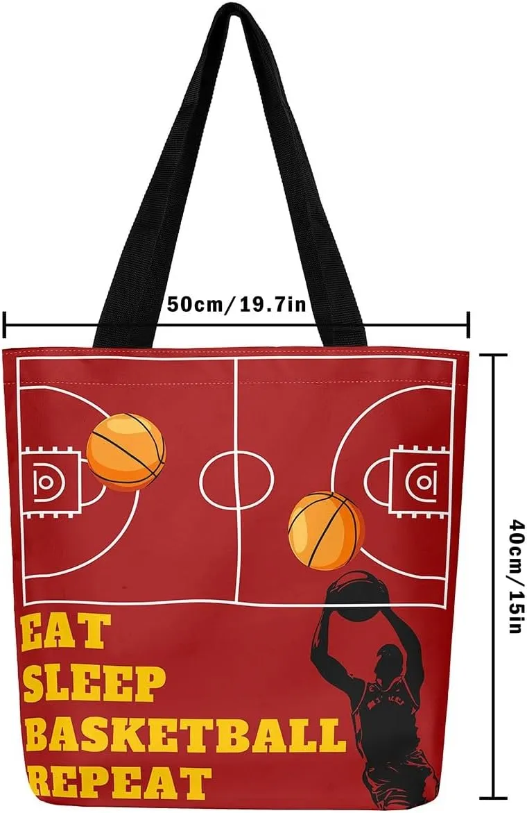 Sports Theme Canvas Tote Bag,Ball Games Basketball Shoulder Handbags for Shopping Gym Yoga,Large Capacity